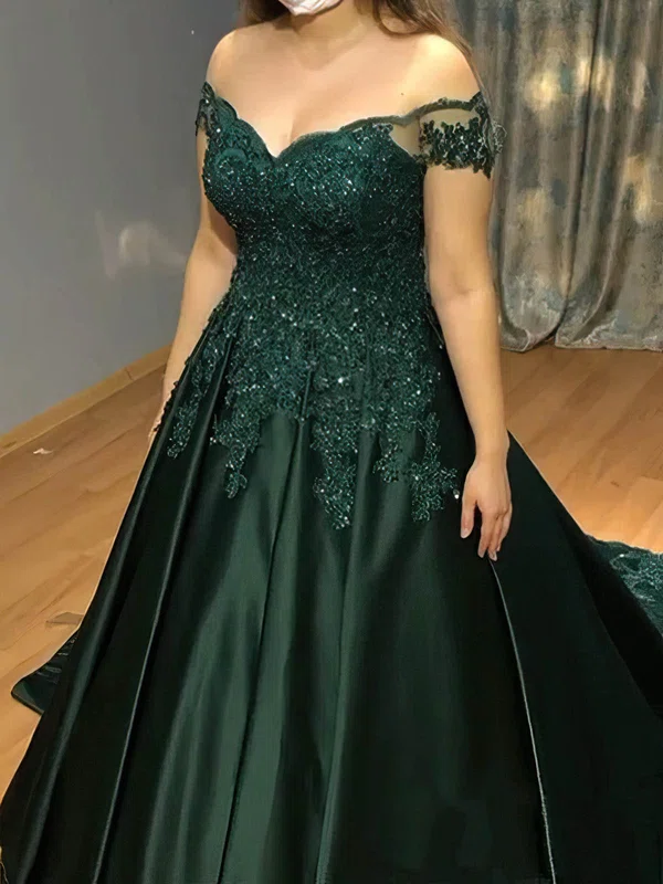 Ball Gown Off-the-shoulder Satin Sweep Train Prom Dresses With Beading #UKM020115546