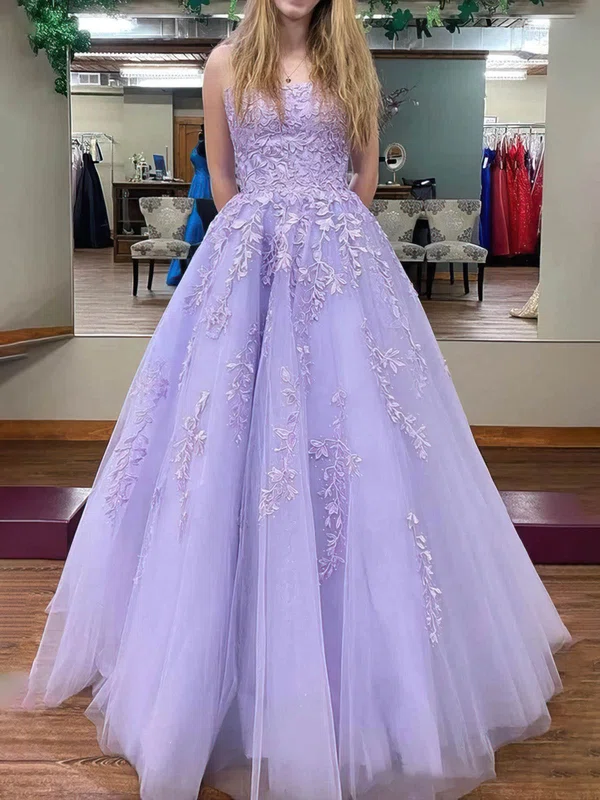 Ball Gown/Princess Sweep Train Square Neckline Tulle Appliques Lace Prom Dresses #UKM020115549
