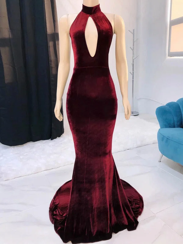Mermaid High Neck Backless Velvet Cut Out Prom Dresses #UKM020115551
