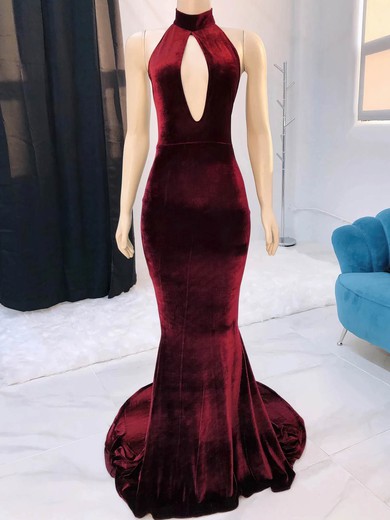 Mermaid High Neck Backless Velvet Cut Out Prom Dresses #UKM020115551