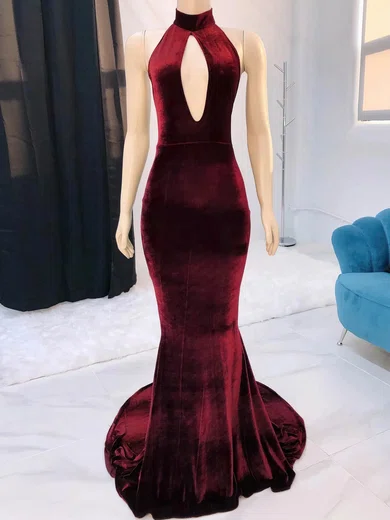 Mermaid High Neck Backless Velvet Cut Out Prom Dresses #UKM020115551