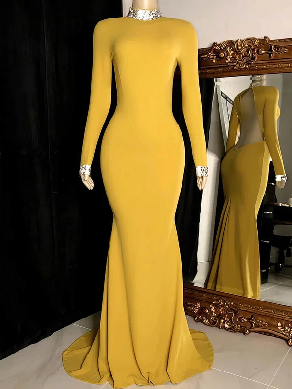 Mermaid High Neck Jersey Cut Out Prom Dresses With Long Sleeves #UKM020115552
