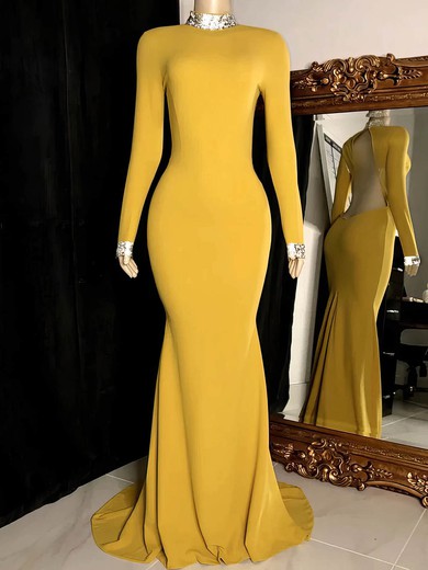 Mermaid High Neck Jersey Cut Out Prom Dresses With Long Sleeves #UKM020115552
