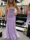 Trumpet/Mermaid Scoop Neck Tulle Sweep Train Prom Dresses With Appliques Lace #UKM020115554
