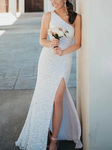 Sheath/Column One Shoulder Sequined Sweep Train Prom Dresses With Split Front #UKM020115556
