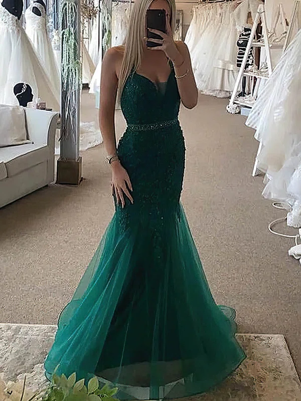 Trumpet/Mermaid V-neck Tulle Sweep Train Prom Dresses With Sashes / Ribbons #UKM020115557