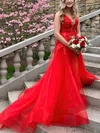 A-line V-neck Tulle Sweep Train Prom Dresses With Appliques Lace #UKM020115558