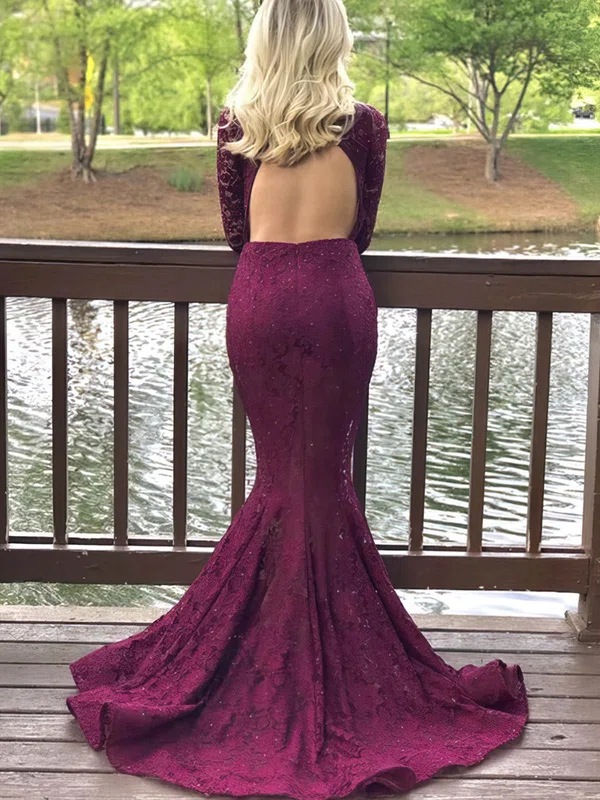 Trumpet/Mermaid Scoop Neck Lace Sweep Train Prom Dresses With Beading #UKM020115562