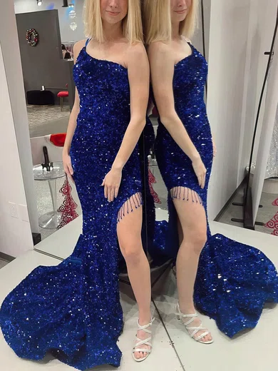 Sheath/Column One Shoulder Sequined Sweep Train Prom Dresses With Split Front #UKM020115567