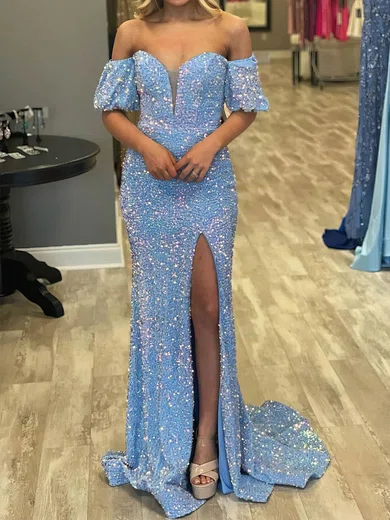 Sheath/Column Off-the-shoulder Sequined Sweep Train Prom Dresses With Split Front #UKM020115572