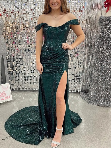 Sheath/Column Off-the-shoulder Sequined Sweep Train Prom Dresses With Split Front #UKM020115574