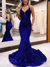 Trumpet/Mermaid Sweep Train V-neck Velvet Sequins Prom Dresses #UKM020115575