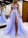 Ball Gown/Princess Sweep Train Off-the-shoulder Tulle Glitter Appliques Lace Prom Dresses #UKM020115577