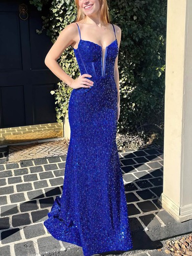 Trumpet/Mermaid V-neck Sequined Sweep Train Prom Dresses With Ruffles #UKM020115579