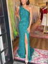 Sheath/Column One Shoulder Sequined Sweep Train Prom Dresses With Split Front #UKM020115580