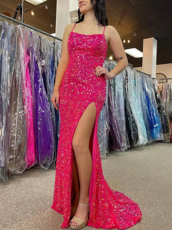 Sheath/Column Square Neckline Sequined Sweep Train Prom Dresses With Split Front #UKM020115582