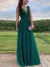 A-line V-neck Tulle Floor-length Prom Dresses #UKM020115589
