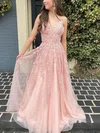 Ball Gown/Princess Sweep Train V-neck Lace Tulle Appliques Lace Prom Dresses #UKM020115600