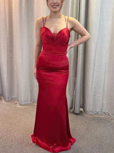 Sheath/Column V-neck Silk-like Satin Floor-length Prom Dresses With Ruffles #UKM020115616