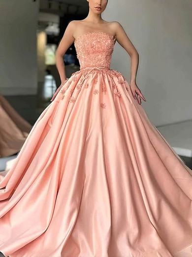 Ball Gown Strapless Satin Sweep Train Prom Dresses With Sashes / Ribbons #UKM020115626