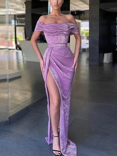 Sheath/Column Off-the-shoulder Glitter Prom Dresses With Ruched #UKM020115628