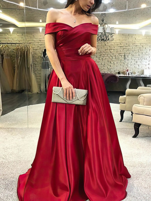 A-line Off-the-shoulder Satin Sweep Train Prom Dresses With Ruffles ...