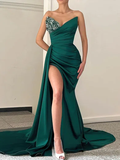 Sheath/Column V-neck Satin Prom Dresses With Ruched #UKM020115633
