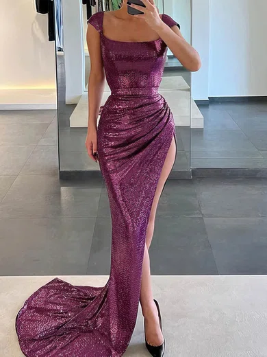 Sheath/Column Square Neck Sparkly Sequin Prom Dresses With Ruched #UKM020115634