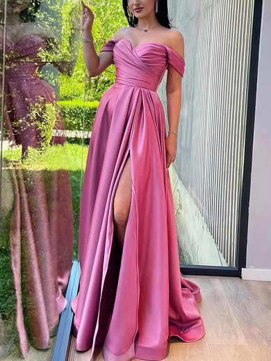 A-line Off-the-shoulder Satin Sweep Train Prom Dresses With Split Front #UKM020115636