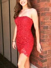 Sheath/Column Strapless Lace Tulle Short/Mini Appliques Lace Short Prom Dresses #UKM020020108852