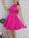 A-line High Neck Lace Tulle Short/Mini Short Prom Dresses With Beading #UKM020020111385