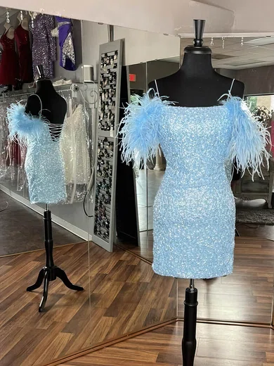 Sheath/Column Square Neckline Sequined Short/Mini Short Prom Dresses With Feathers / Fur #UKM020020109849