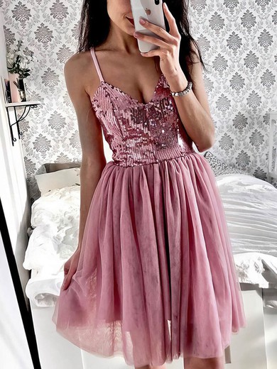A-line V-neck Tulle Knee-length Short Prom Dresses With Sequins #UKM020020111442