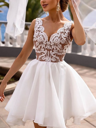 A-line V-neck Lace Chiffon Tulle Short/Mini Appliques Lace Short Prom Dresses #UKM020020108939