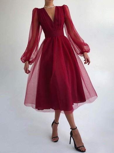 A-line V-neck Tulle Tea-length Short Prom Dresses #UKM020020111451