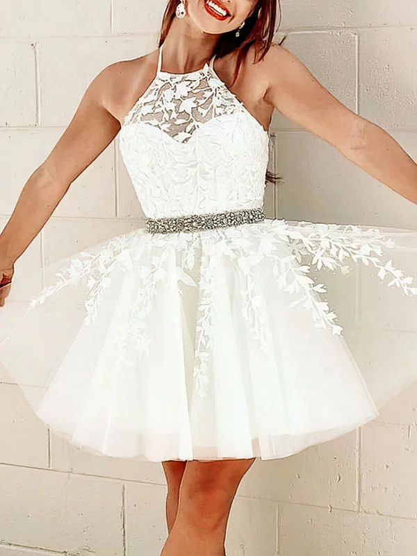 A-line Halter Lace Tulle Short/Mini Beading Short Prom Dresses #UKM020020108941