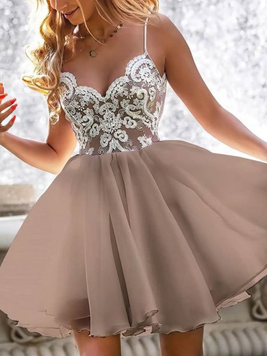 A-line V-neck Lace Chiffon Short/Mini Appliques Lace Short Prom Dresses #UKM020020108948