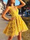A-line V-neck Tulle Lace Short/Mini Appliques Lace Short Prom Dresses #UKM020020108960