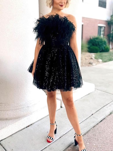 A-line Strapless Sequined Short/Mini Short Prom Dresses With Feathers / Fur #UKM020020109902