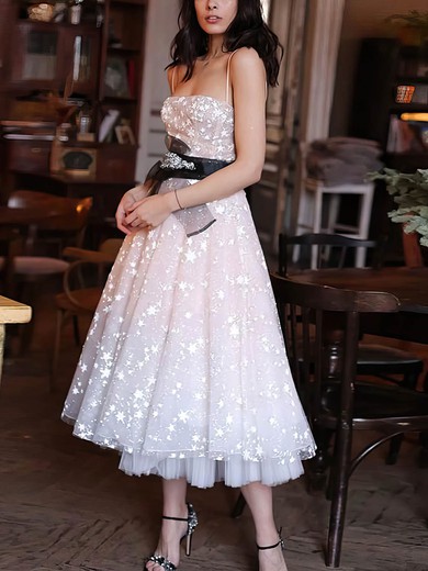 A-line Square Neckline Tulle Ankle-length Bow Short Prom Dresses #UKM020020108986