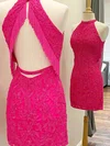Sheath/Column Scoop Neck Lace Short/Mini Short Prom Dresses With Beading #UKM020020109912