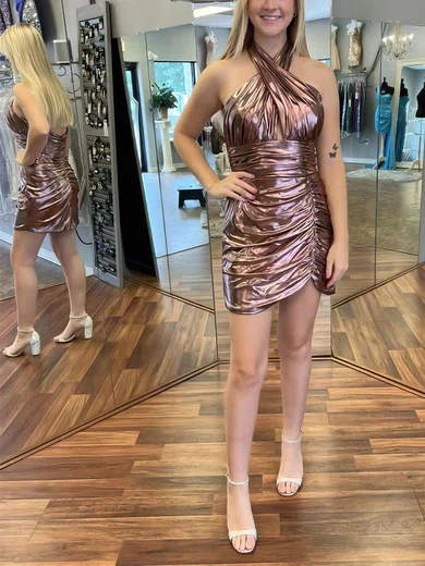 Sheath/Column V-neck Shimmer Crepe Short/Mini Short Prom Dresses With Ruffles #UKM020020110680
