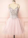 A-line V-neck Tulle Short/Mini Short Prom Dresses With Lace #UKM020020109925