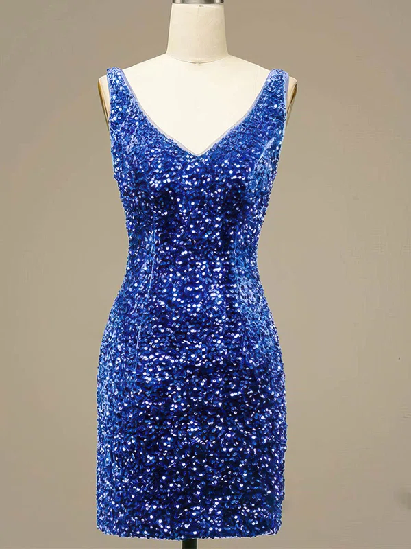Sheath/Column V-neck Sequined Short/Mini Short Prom Dresses #UKM020020109928