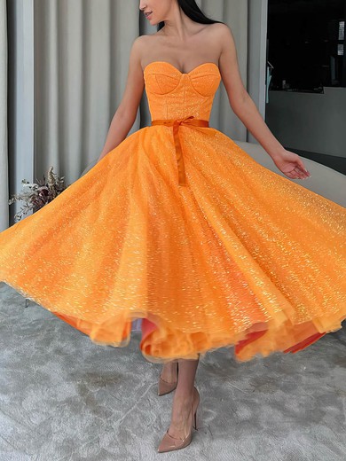 A-line Sweetheart Glitter Tea-length Short Prom Dresses With Sashes / Ribbons #UKM020020111345