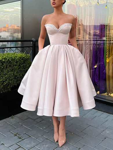 Ball Gown Sweetheart Satin Tea-length Short Prom Dresses With Pockets #UKM020020111347