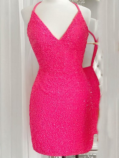 Sheath/Column V-neck Sequined Short/Mini Short Prom Dresses #UKM020020109950