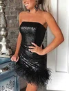 Sheath/Column Strapless Sequined Short/Mini Short Prom Dresses With Feathers / Fur #UKM020020110740