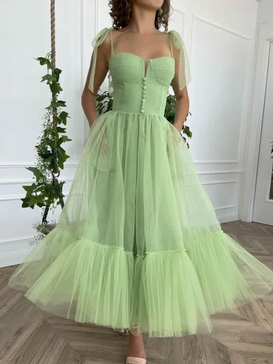 A-line V-neck Tulle Ankle-length Short Prom Dresses With Pockets #UKM020020111473