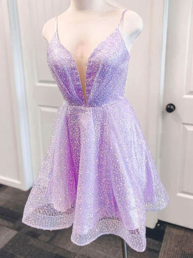 A-line V-neck Glitter Short/Mini Short Prom Dresses With Ruffles #UKM020020109983